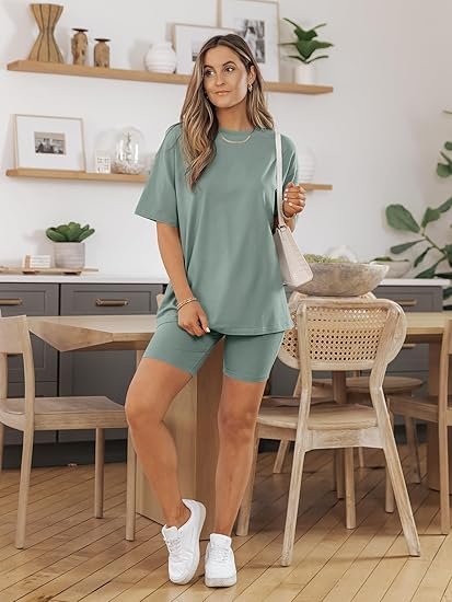 Womens 2 Piece Sets Summer Outfits 2025 Two Piece Lounge Set Matching Clothing Oversized Tshirts Biker Short Fashion