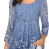 Women's 3/4 Sleeve Tunic Tops Casual Loose Fit Floral Blouses Mesh Pleated Layered Shirt
