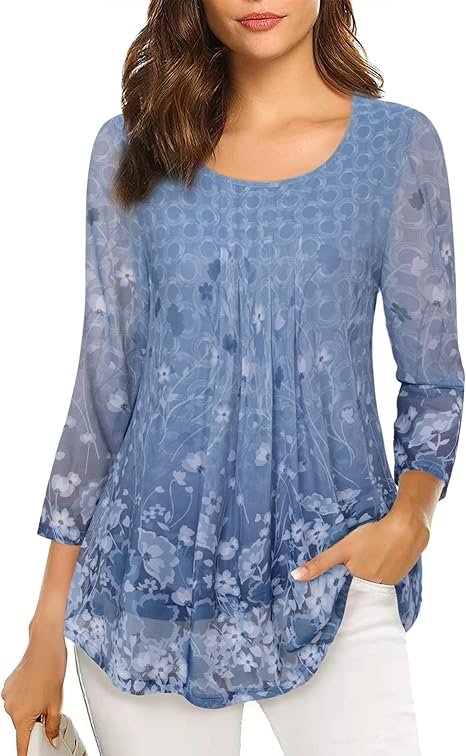Women's 3/4 Sleeve Tunic Tops Casual Loose Fit Floral Blouses Mesh Pleated Layered Shirt