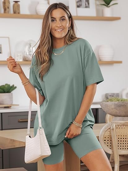 Womens 2 Piece Sets Summer Outfits 2025 Two Piece Lounge Set Matching Clothing Oversized Tshirts Biker Short Fashion