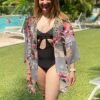 Women's Floral Print Puff Sleeve Kimono Cardigan Loose Cover Up Casual Blouse Tops
