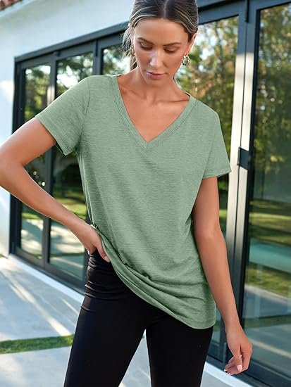 T Shirts Short Sleeve V Neck Tees Tops for Women Fashion Trendy Lightweight Soft Casual Summer Outfits Clothes 2025