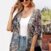 Women's Floral Print Puff Sleeve Kimono Cardigan Loose Cover Up Casual Blouse Tops