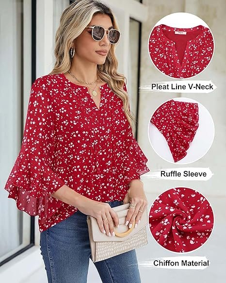 Women's 3/4 Sleeve Tops Dressy Casual Business Work Blouses Chiffon Office Shirtsf